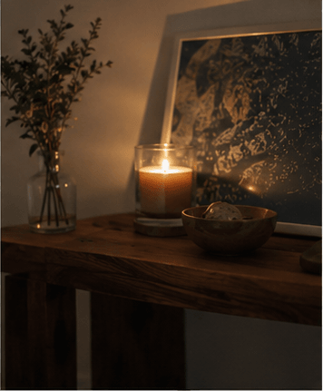 A single candle burning low on a worn wooden table.