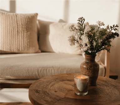 A worn linen couch arranged with candles and dried flowers, a quiet gathering corner of the studio.