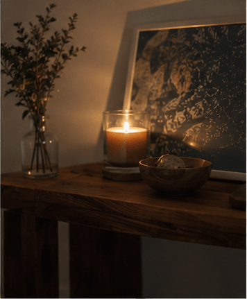 A single candle burning low on a wooden table.